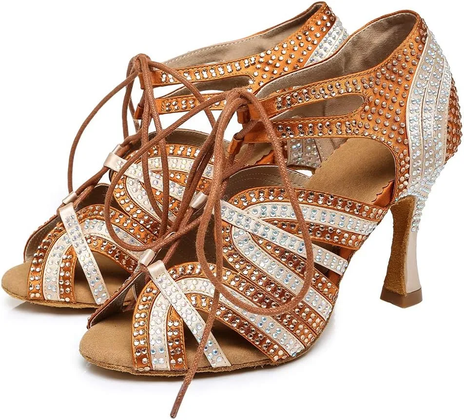 HROYL Women's Rhinestone Dance Shoes Latin Salsa Ballroom Performance Wedding Party Dance Heels,YCL453