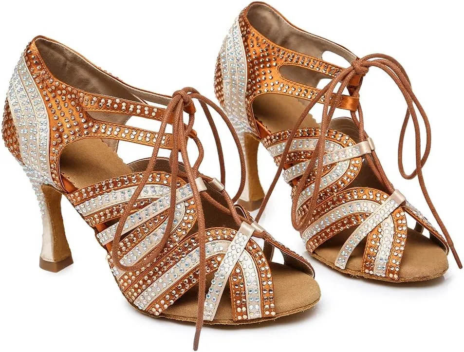 HROYL Women's Rhinestone Dance Shoes Latin Salsa Ballroom Performance Wedding Party Dance Heels,YCL453
