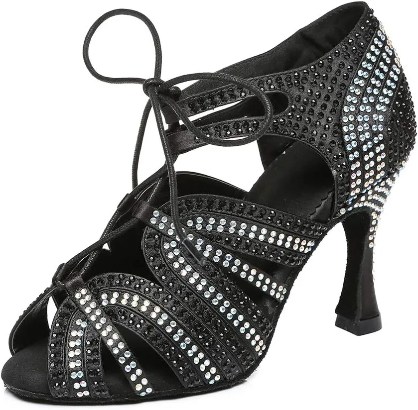 HROYL Women's Rhinestone Dance Shoes Latin Salsa Ballroom Performance Wedding Party Dance Heels,YCL453