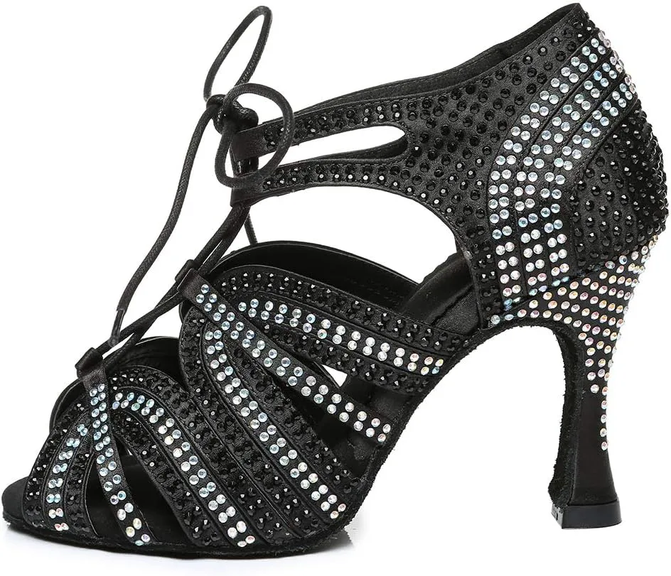 HROYL Women's Rhinestone Dance Shoes Latin Salsa Ballroom Performance Wedding Party Dance Heels,YCL453