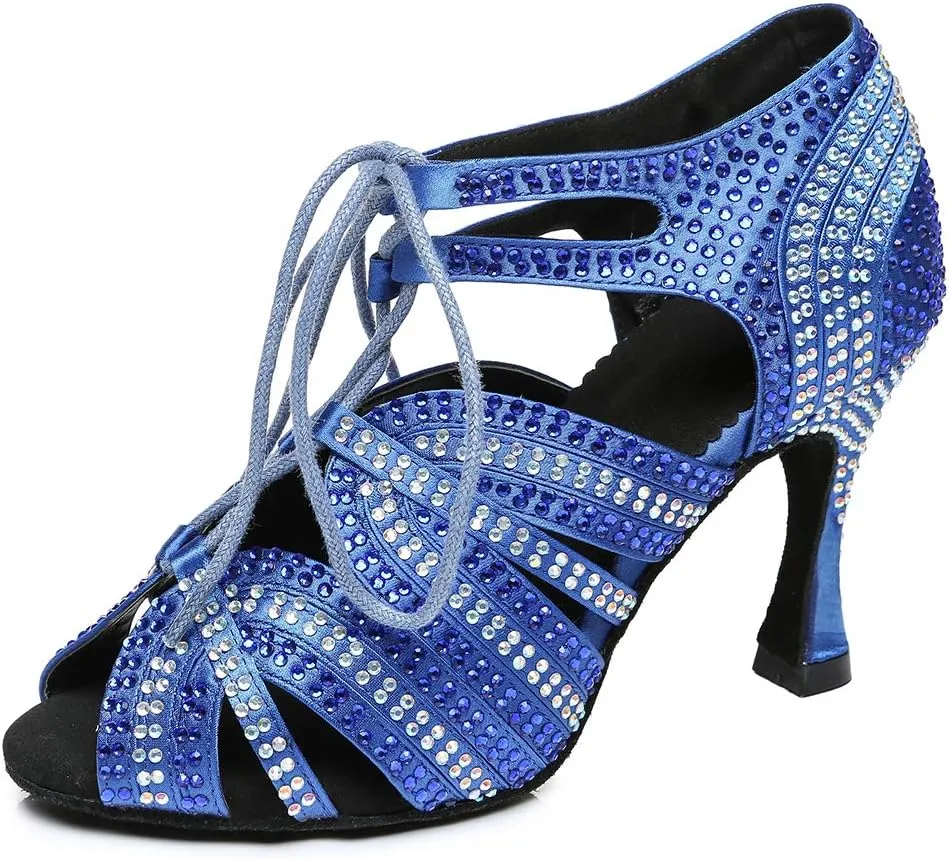 HROYL Women's Rhinestone Dance Shoes Latin Salsa Ballroom Performance Wedding Party Dance Heels,YCL453