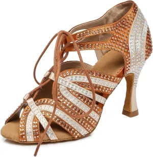 HROYL Women's Rhinestone Dance Shoes Latin Salsa Ballroom Performance Wedding Party Dance Heels,YCL453