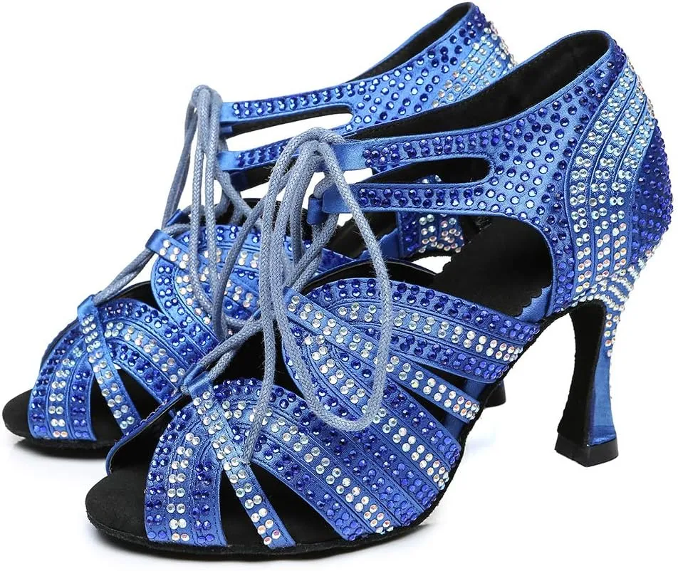 HROYL Women's Rhinestone Dance Shoes Latin Salsa Ballroom Performance Wedding Party Dance Heels,YCL453