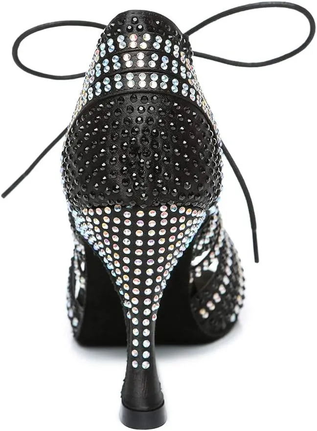 HROYL Women's Rhinestone Dance Shoes Latin Salsa Ballroom Performance Wedding Party Dance Heels,YCL453