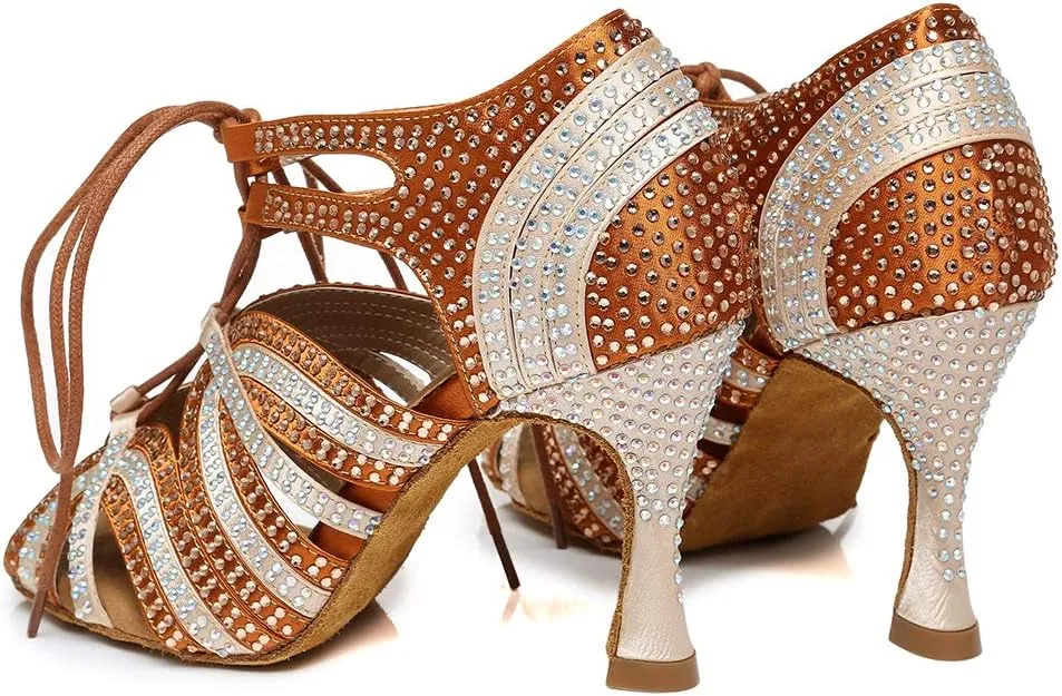 HROYL Women's Rhinestone Dance Shoes Latin Salsa Ballroom Performance Wedding Party Dance Heels,YCL453