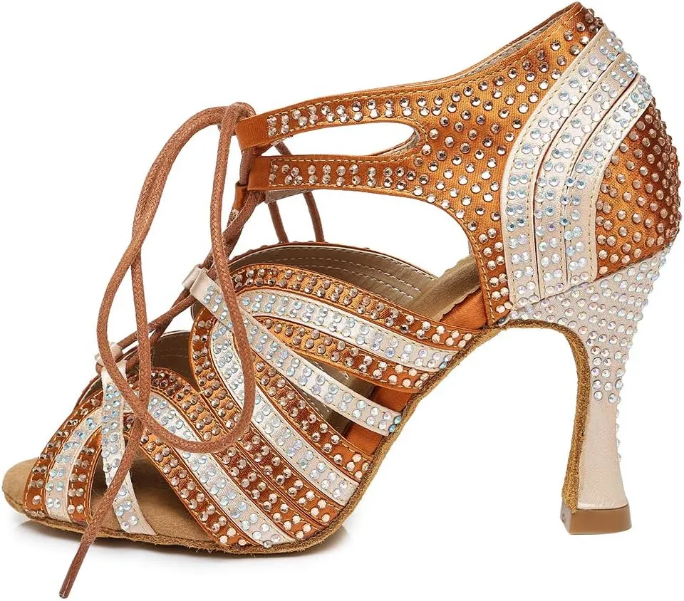 HROYL Women's Rhinestone Dance Shoes Latin Salsa Ballroom Performance Wedding Party Dance Heels,YCL453