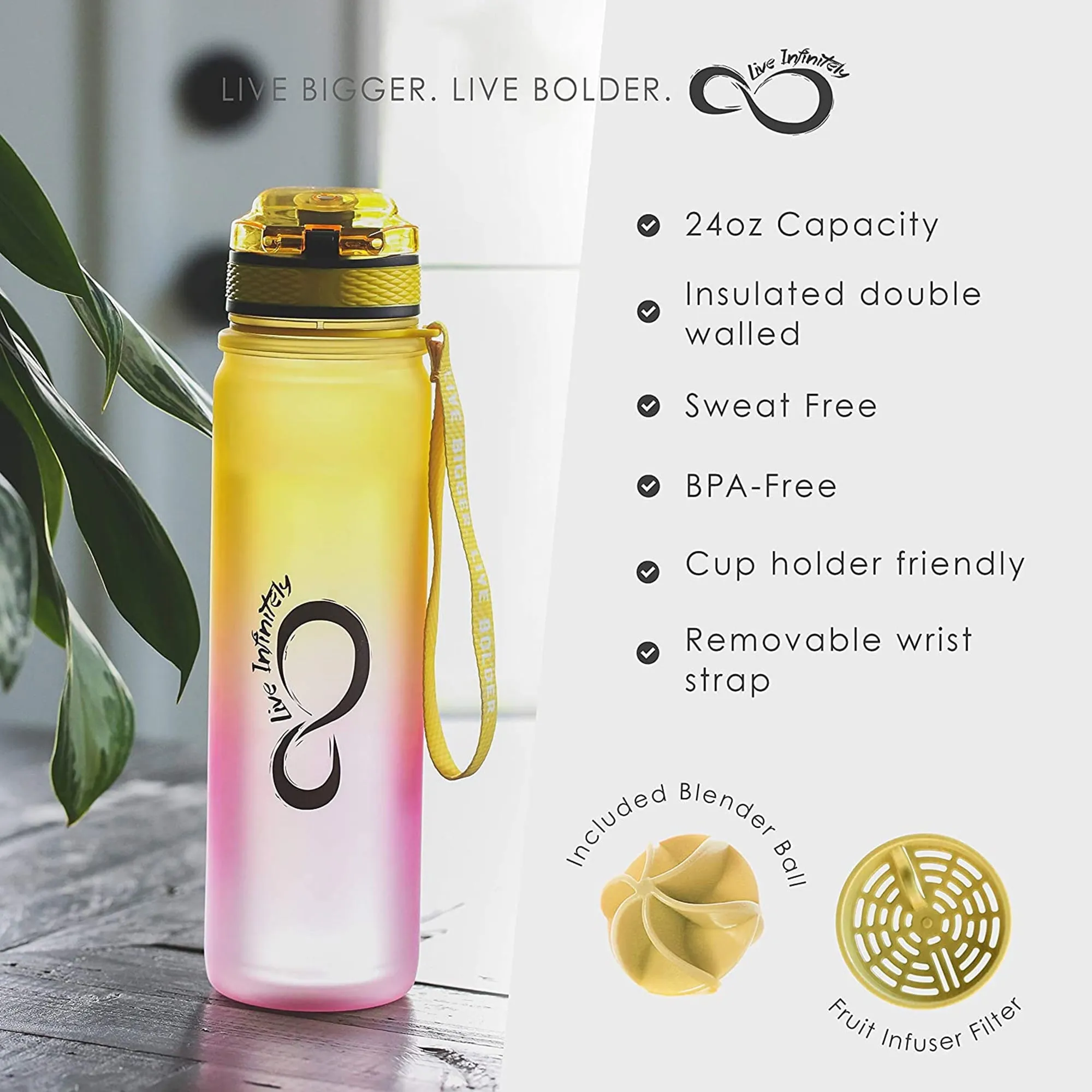 Live Infinitely Insulated Water Bottle with Time Marker BPA-Free 24oz