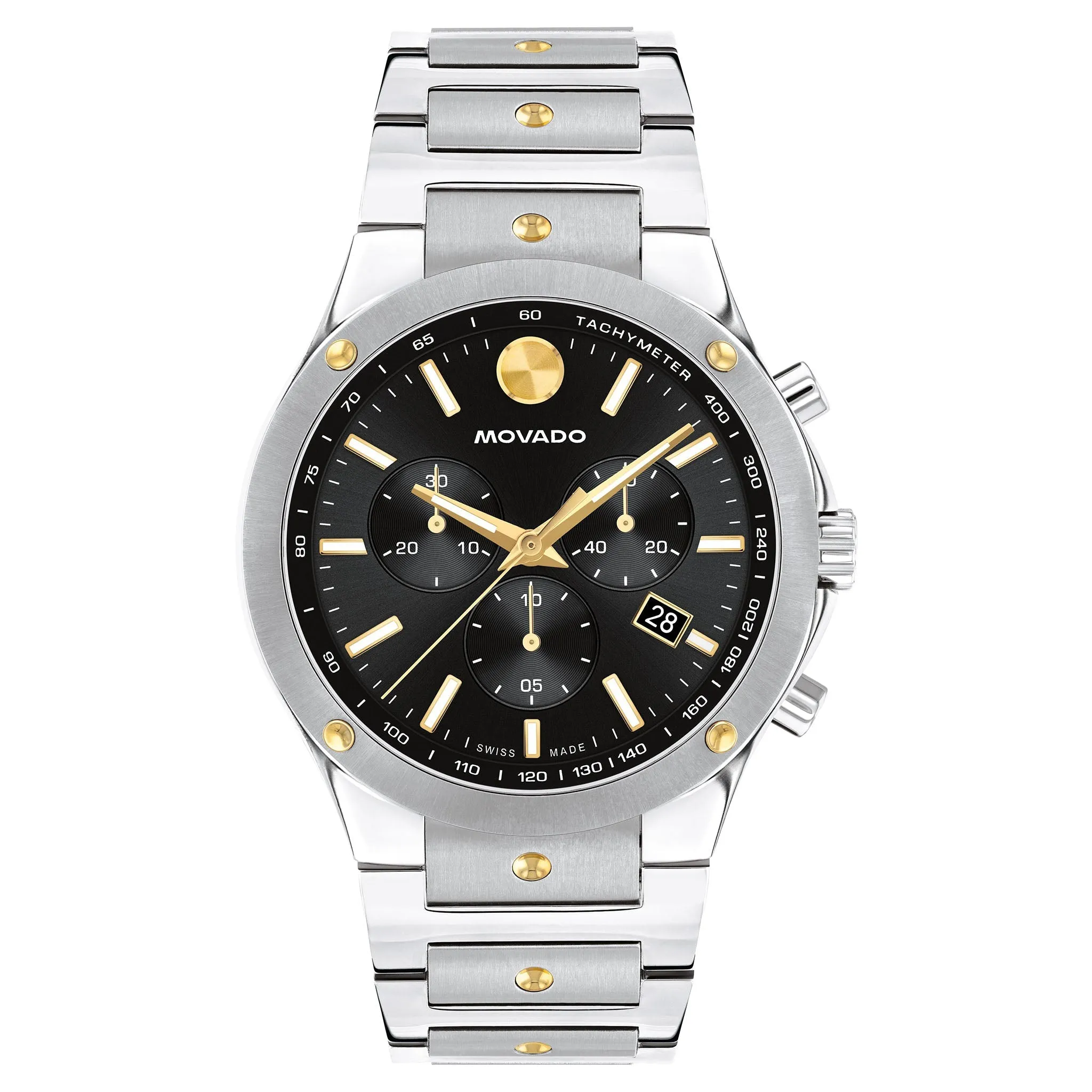Movado Stainless Steel & Yellow Pvd Black Dial Chronograph Men's Swiss Made Watch - 607972