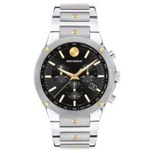 Movado Stainless Steel & Yellow Pvd Black Dial Chronograph Men's Swiss Made Watch - 607972