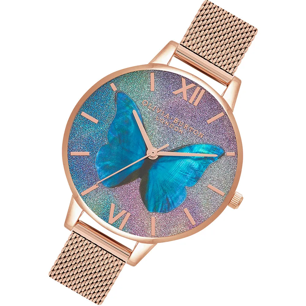 Olivia Burton Glitter Demi Dial Mother Of Pearl Butterfly Rose Gold Mesh Women's Watch - OB16MB35