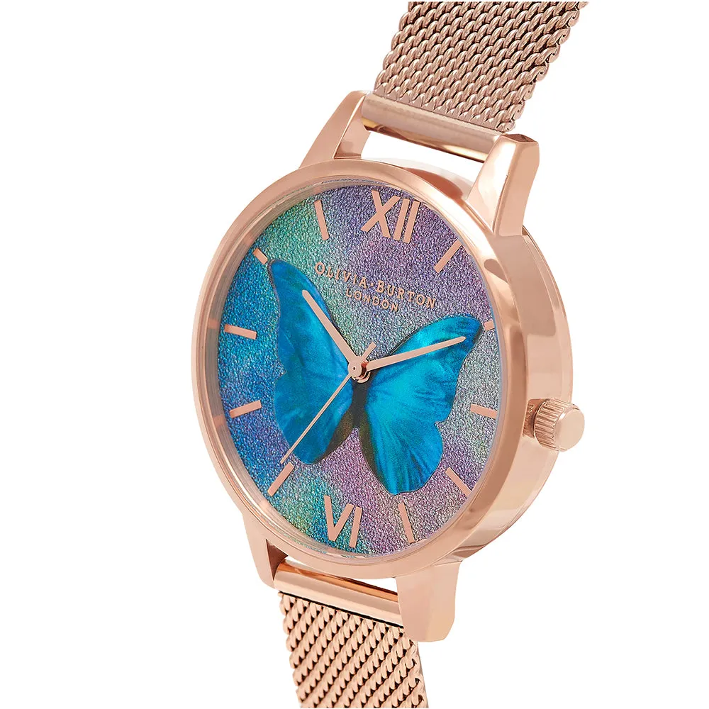 Olivia Burton Glitter Demi Dial Mother Of Pearl Butterfly Rose Gold Mesh Women's Watch - OB16MB35