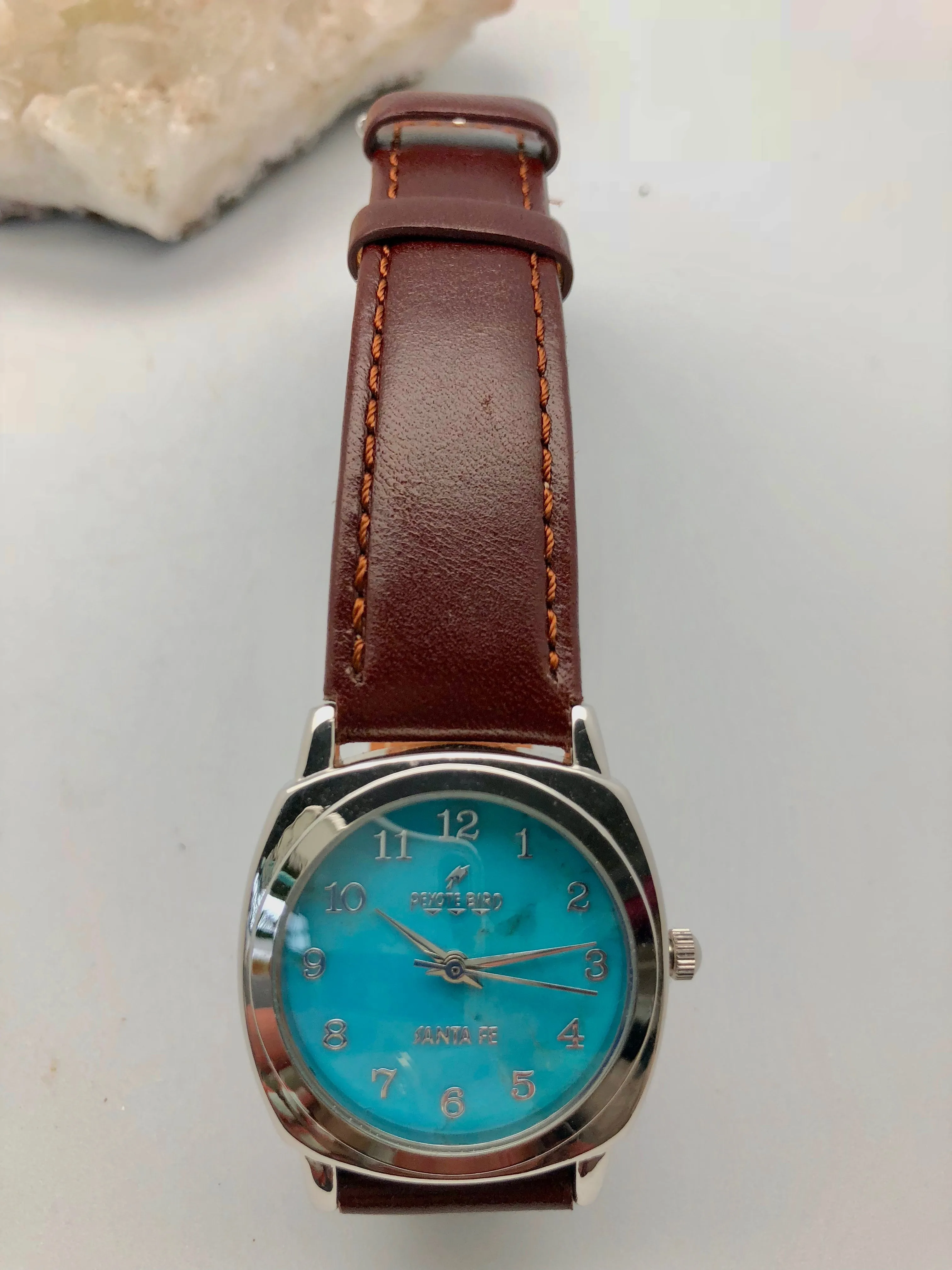 Peyote Bird Turquoise Face Watch with Brown Leather Band