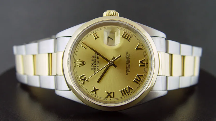 ROLEX 18kt Gold & Stainless Steel DateJust Champagne Roman Dial Model 16203
