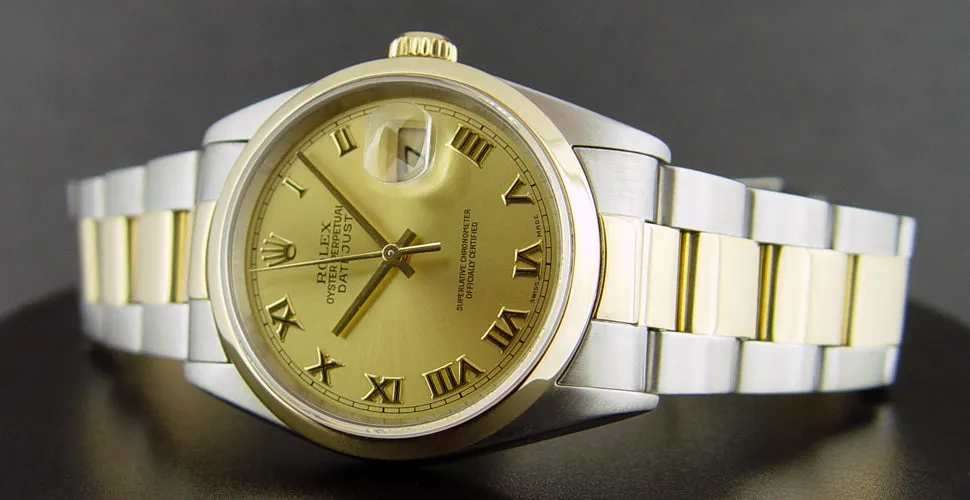 ROLEX 18kt Gold & Stainless Steel DateJust Champagne Roman Dial Model 16203