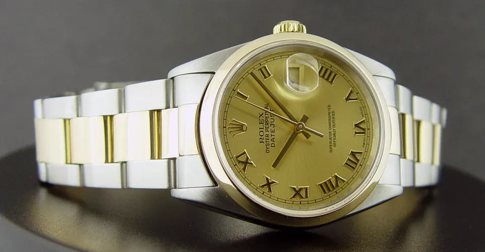 ROLEX 18kt Gold & Stainless Steel DateJust Champagne Roman Dial Model 16203