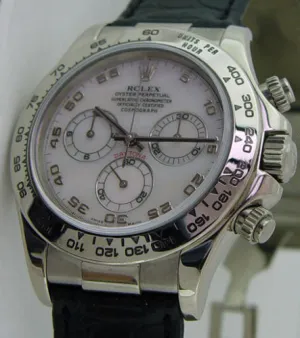 ROLEX 18kt White Gold Daytona Rose MOP Dial Black Strap Model 116519
