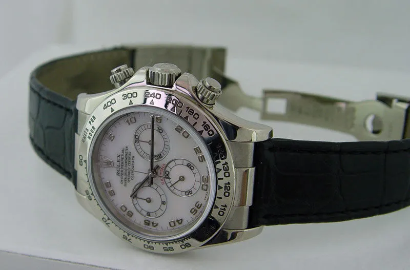ROLEX 18kt White Gold Daytona Rose MOP Dial Black Strap Model 116519
