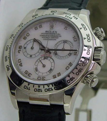 ROLEX 18kt White Gold Daytona Rose MOP Dial Black Strap Model 116519