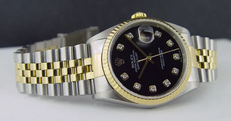 ROLEX 36mm 18kt Gold & Stainless DateJust Black Diamond Dial Jubilee Band Model 16233