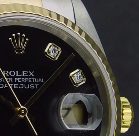 ROLEX 36mm 18kt Gold & Stainless DateJust Black Diamond Dial Jubilee Band Model 16233