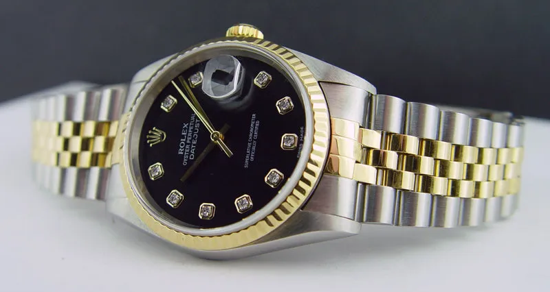 ROLEX 36mm 18kt Gold & Stainless DateJust Black Diamond Dial Jubilee Band Model 16233