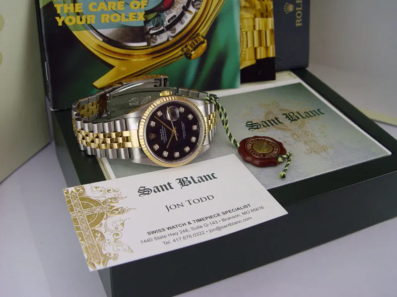 ROLEX 36mm 18kt Gold & Stainless DateJust Black Diamond Dial Jubilee Band Model 16233