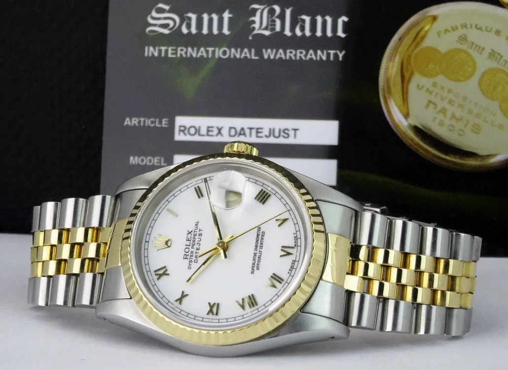 ROLEX 36mm 18kt Gold & Stainless DateJust White Roman Dial Jubilee Band Model 16233