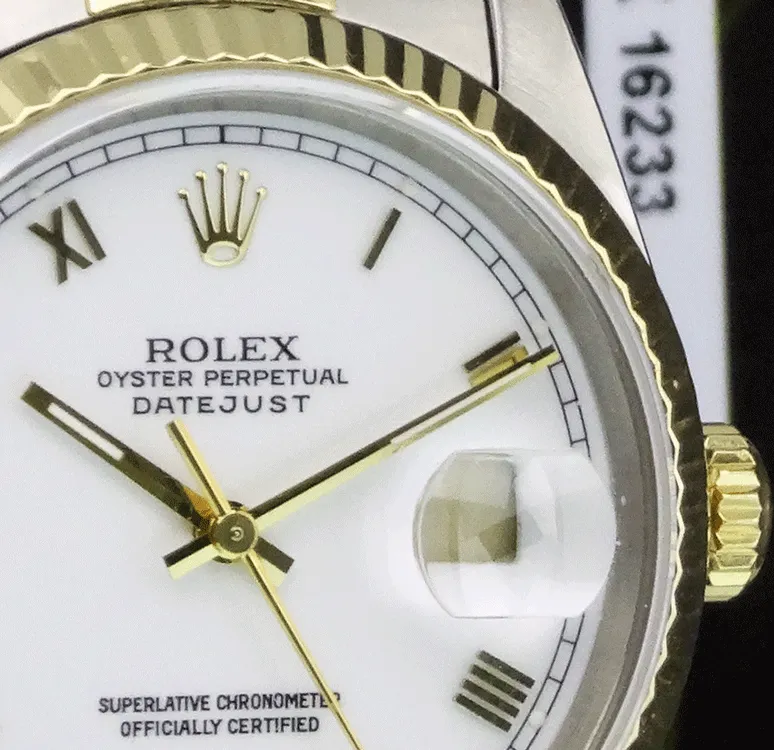 ROLEX 36mm 18kt Gold & Stainless DateJust White Roman Dial Jubilee Band Model 16233