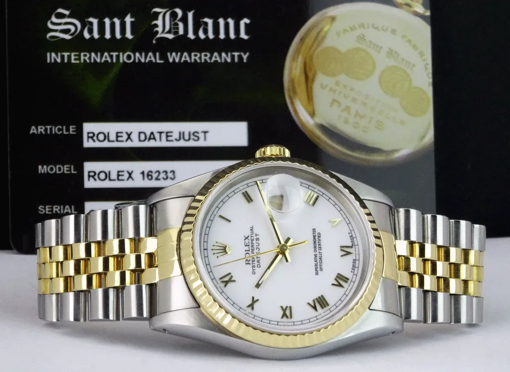 ROLEX 36mm 18kt Gold & Stainless DateJust White Roman Dial Jubilee Band Model 16233