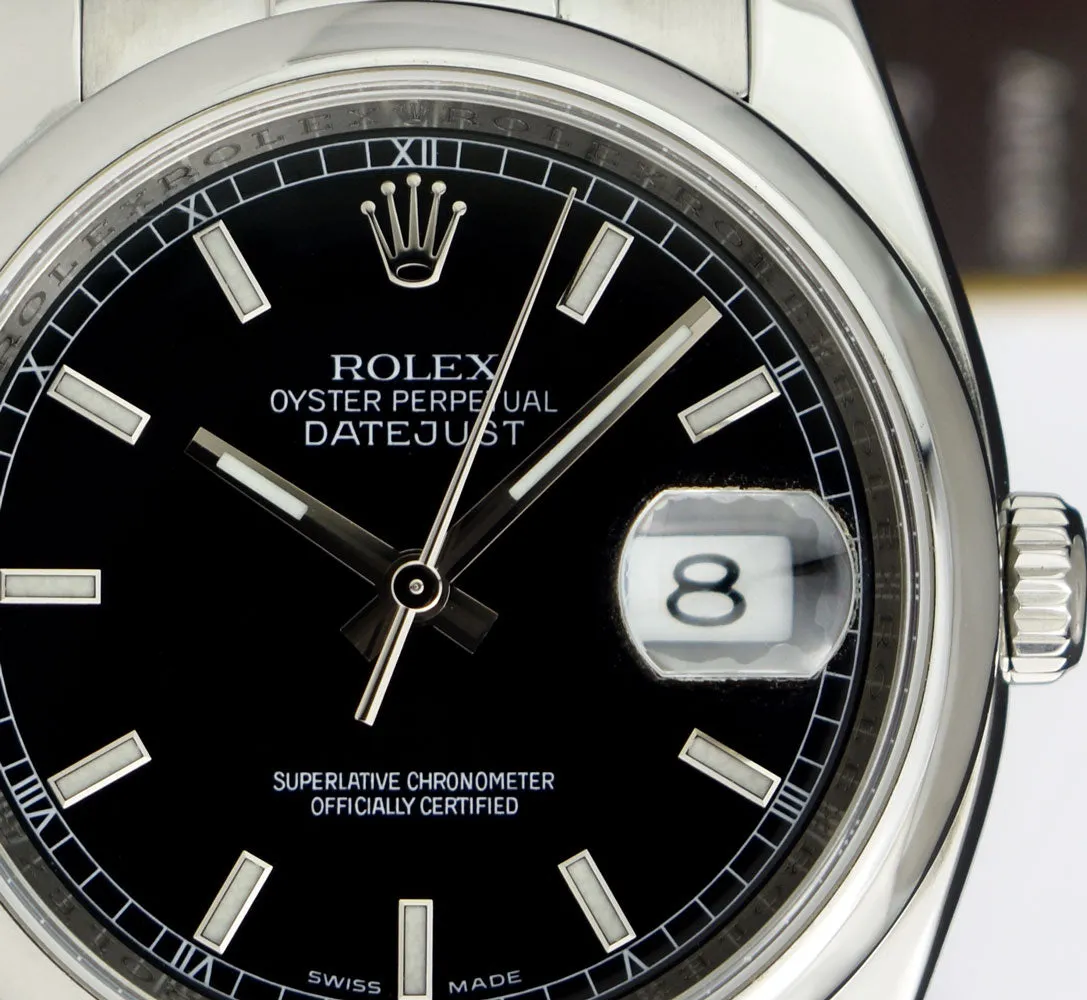 ROLEX 36mm Stainless Steel DateJust Black Index Dial Oyster Band Model 116200