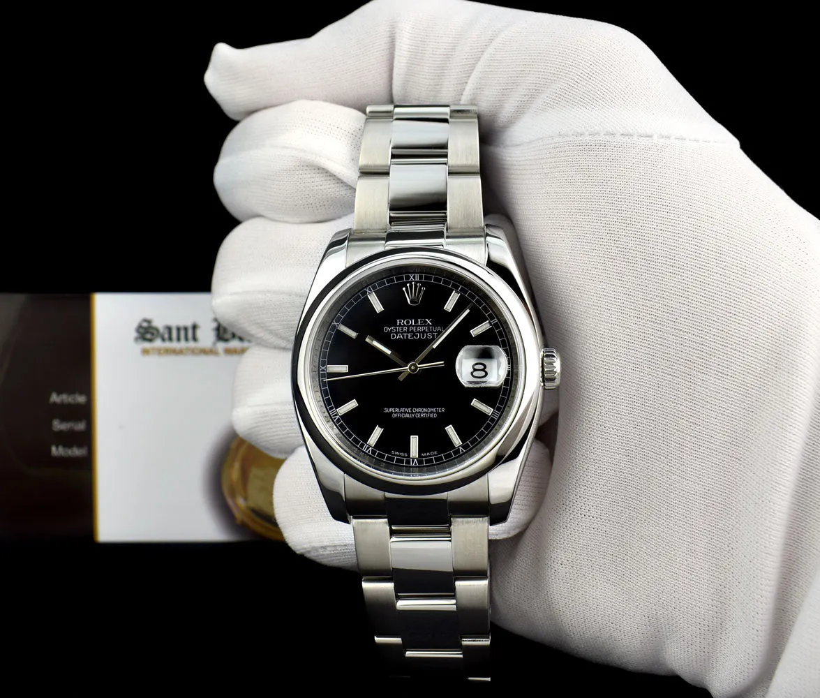 ROLEX 36mm Stainless Steel DateJust Black Index Dial Oyster Band Model 116200