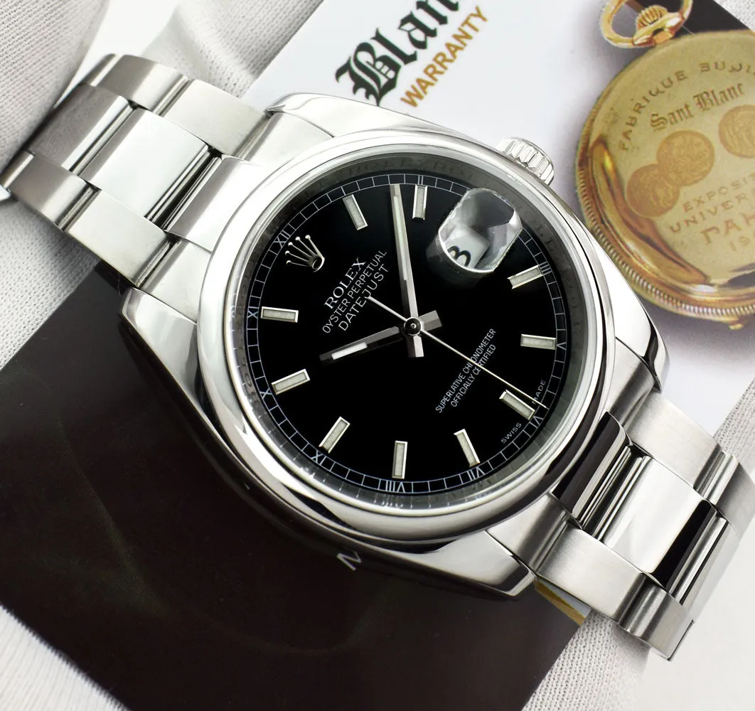 ROLEX 36mm Stainless Steel DateJust Black Index Dial Oyster Band Model 116200