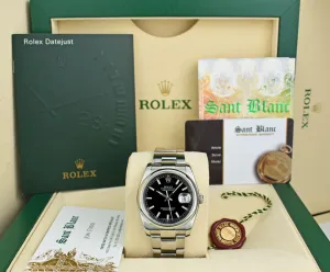 ROLEX 36mm Stainless Steel DateJust Black Index Dial Oyster Band Model 116200