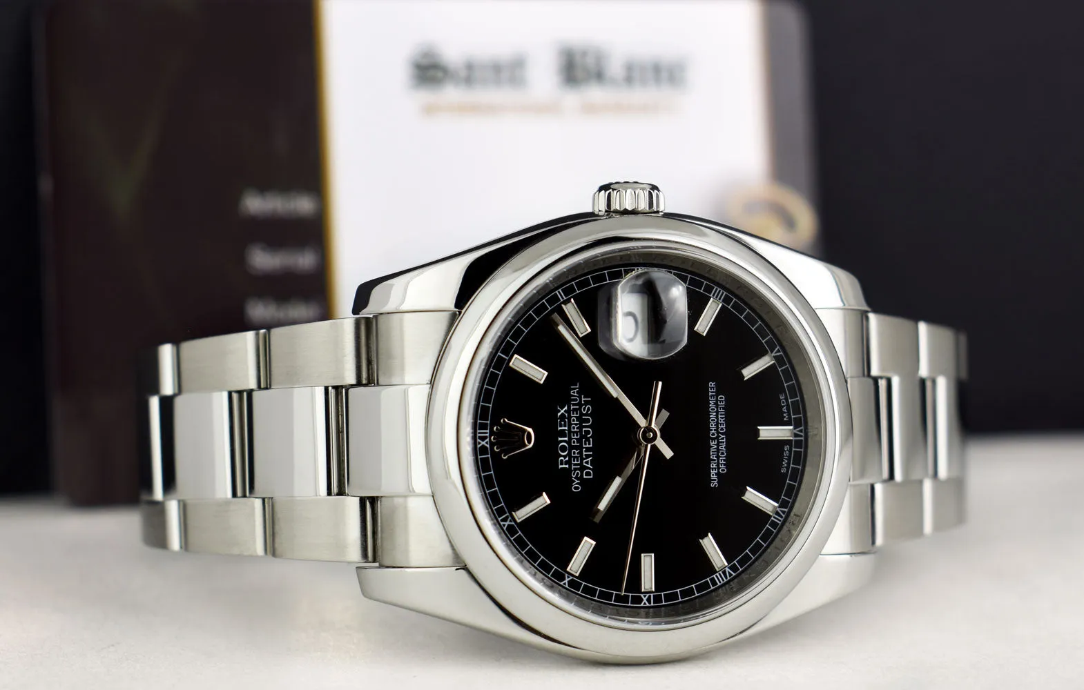ROLEX 36mm Stainless Steel DateJust Black Index Dial Oyster Band Model 116200