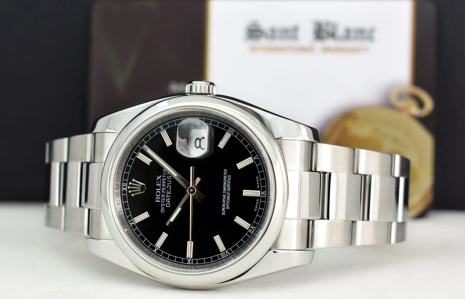 ROLEX 36mm Stainless Steel DateJust Black Index Dial Oyster Band Model 116200
