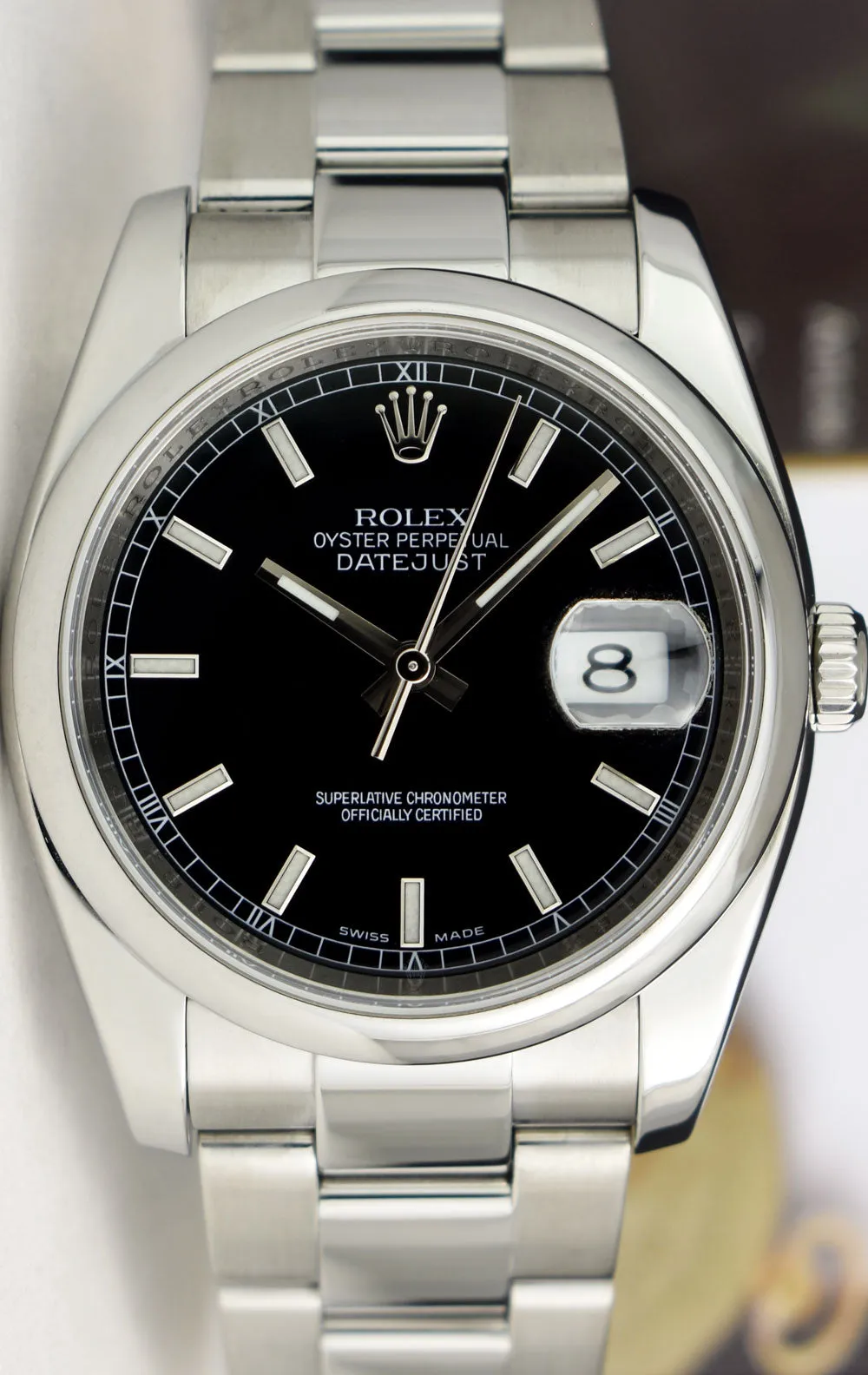 ROLEX 36mm Stainless Steel DateJust Black Index Dial Oyster Band Model 116200