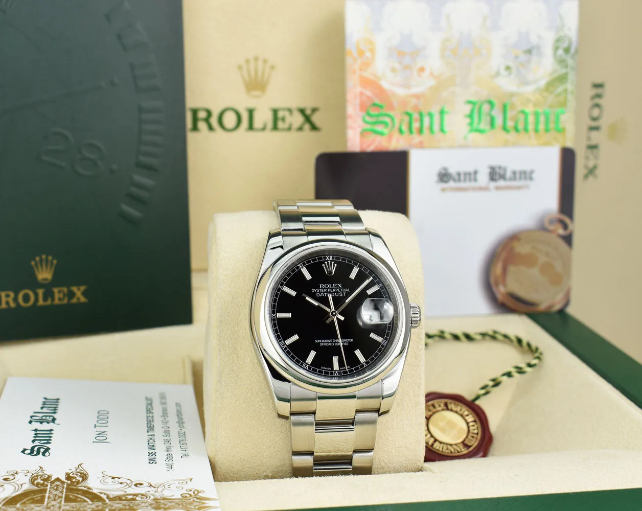 ROLEX 36mm Stainless Steel DateJust Black Index Dial Oyster Band Model 116200