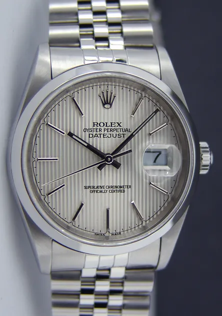ROLEX 36mm Stainless Steel Datejust Jubilee Band Silver Tapestry Stick Dial Model 16200