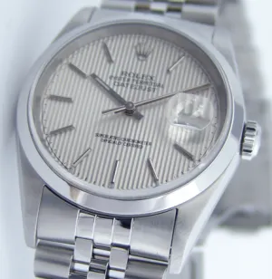 ROLEX 36mm Stainless Steel Datejust Jubilee Band Silver Tapestry Stick Dial Model 16200
