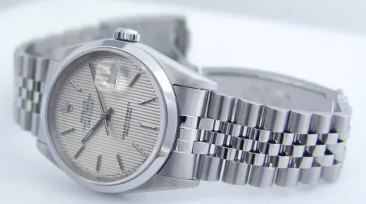 ROLEX 36mm Stainless Steel Datejust Jubilee Band Silver Tapestry Stick Dial Model 16200