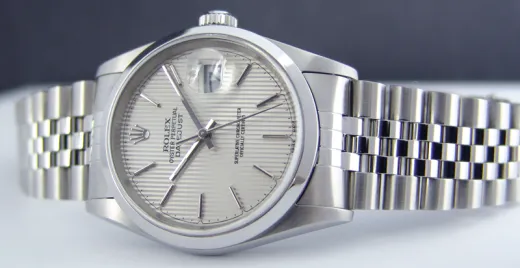 ROLEX 36mm Stainless Steel Datejust Jubilee Band Silver Tapestry Stick Dial Model 16200