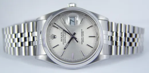 ROLEX 36mm Stainless Steel Datejust Jubilee Band Silver Tapestry Stick Dial Model 16200