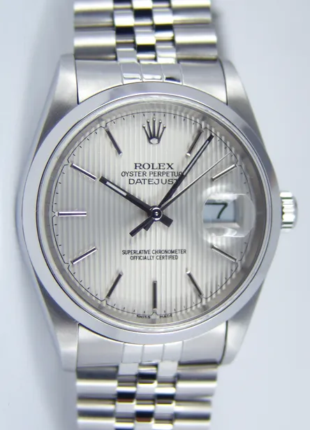 ROLEX 36mm Stainless Steel Datejust Jubilee Band Silver Tapestry Stick Dial Model 16200