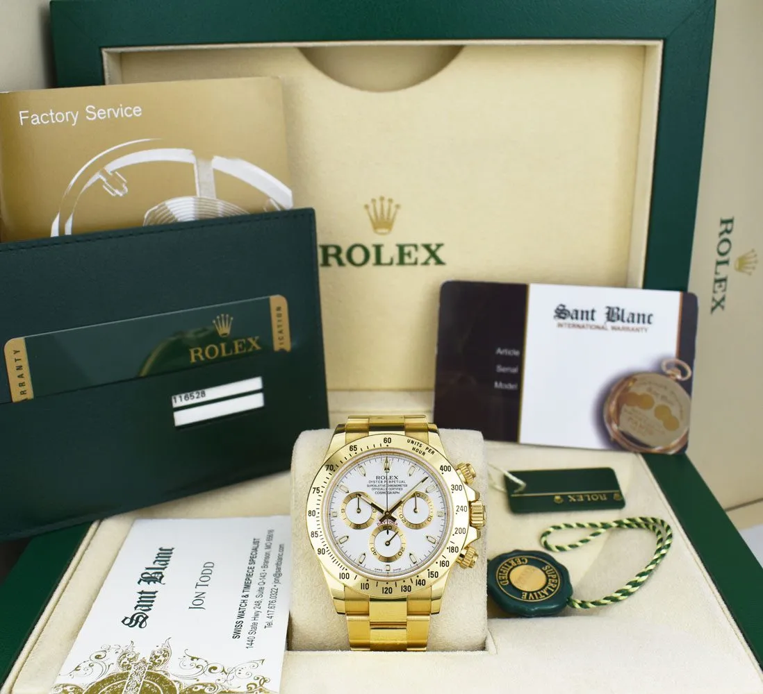 ROLEX 40mm 18kt Gold Daytona White Index Dial with Card & Tags Model 116528