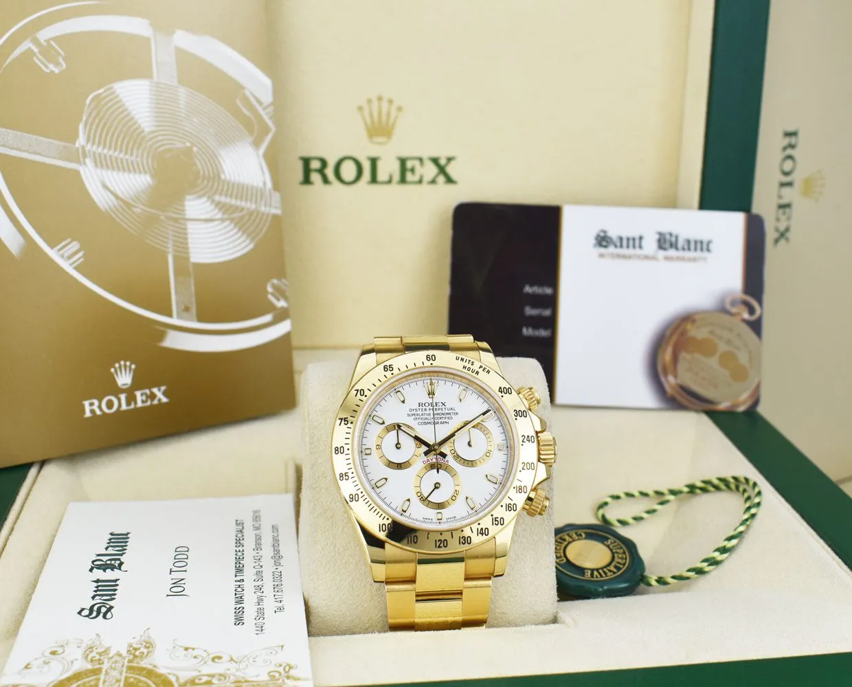 ROLEX 40mm 18kt Gold Daytona White Index Dial with Card & Tags Model 116528