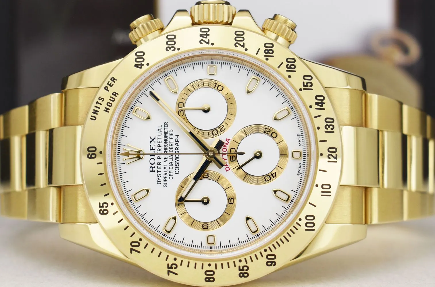 ROLEX 40mm 18kt Gold Daytona White Index Dial with Card & Tags Model 116528