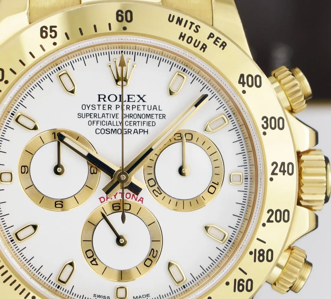 ROLEX 40mm 18kt Gold Daytona White Index Dial with Card & Tags Model 116528