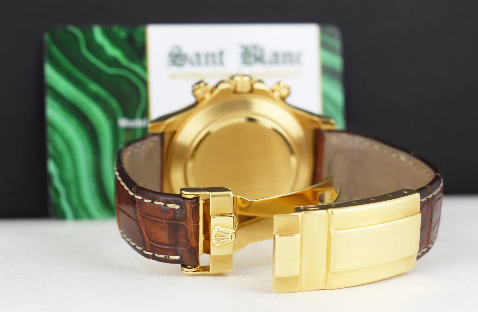 ROLEX 40mm 18kt Yellow Gold Daytona Leather Strap White Index Dial Model 116518
