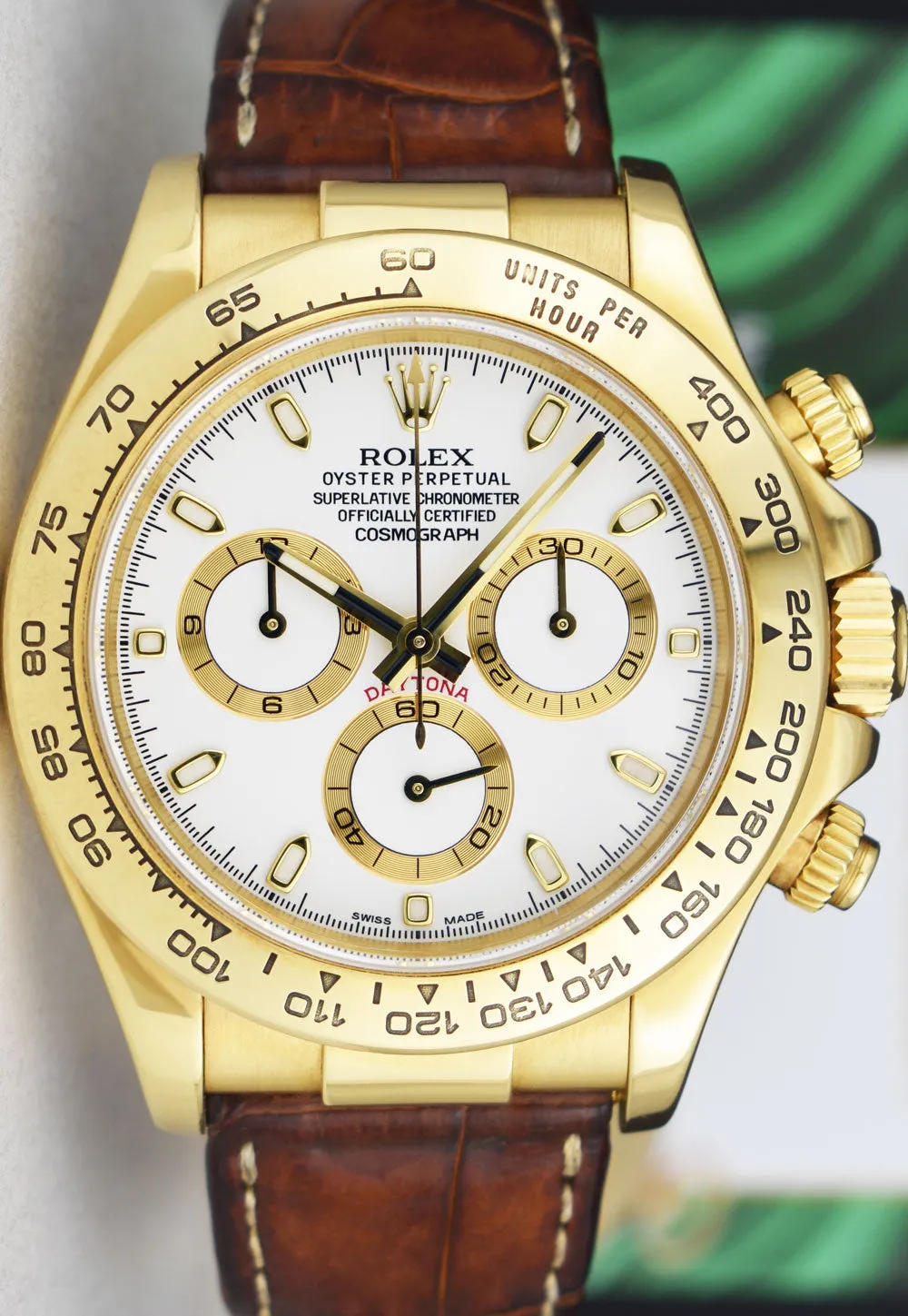 ROLEX 40mm 18kt Yellow Gold Daytona Leather Strap White Index Dial Model 116518