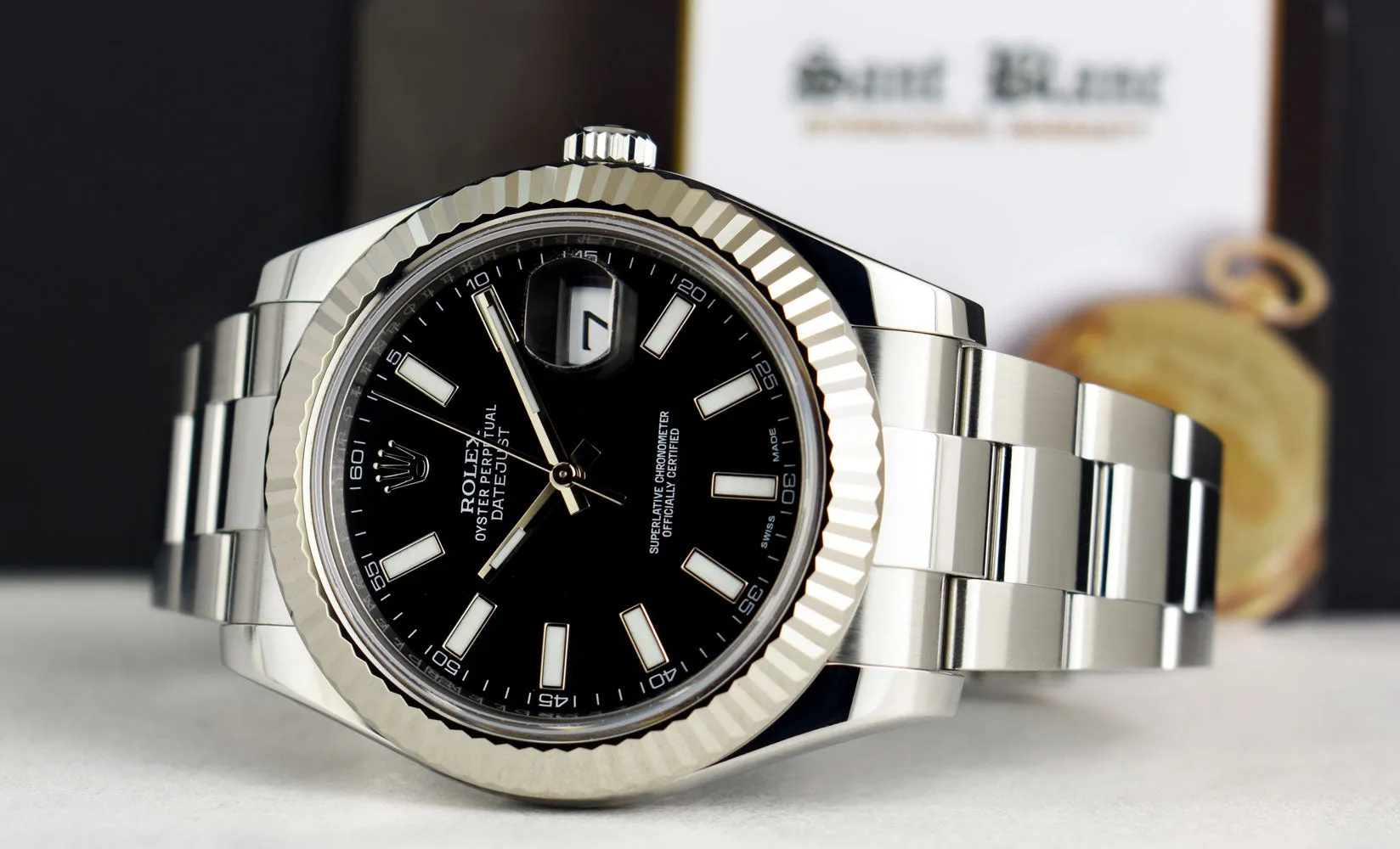 ROLEX 41mm 18kt White Gold & Stainless Steel DateJust II Black Index Model 116334